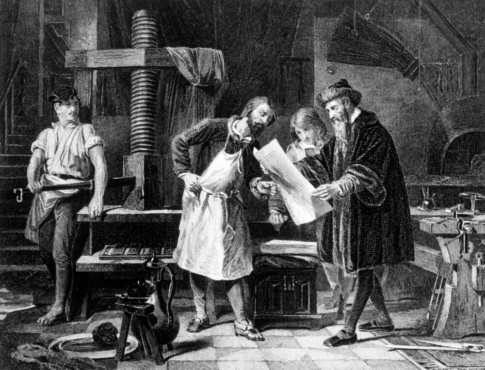 Gutenberg à direita, em sua oficina, em gravura de 1881