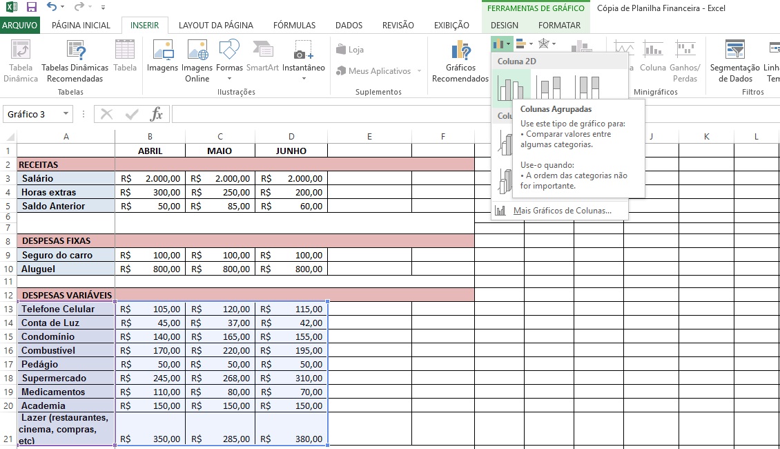 Como criar gráficos no Excel - Passo 3