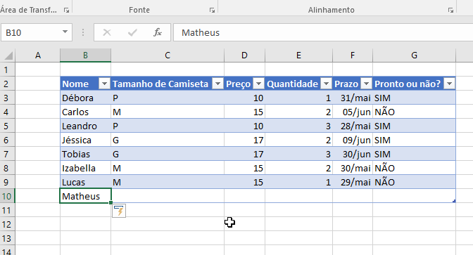 Tabela em excel