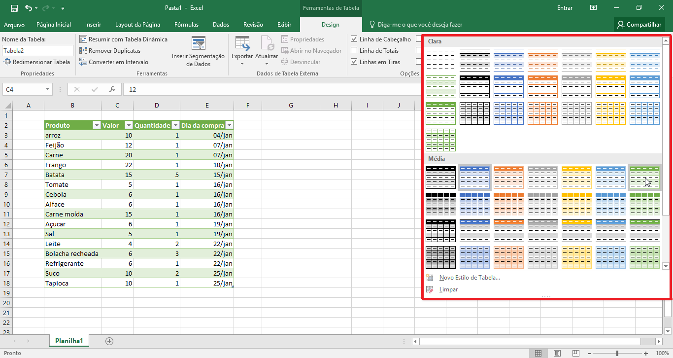 Tabela em excel