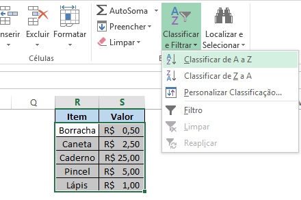 Como ordenar por ordem alfabética no Excel