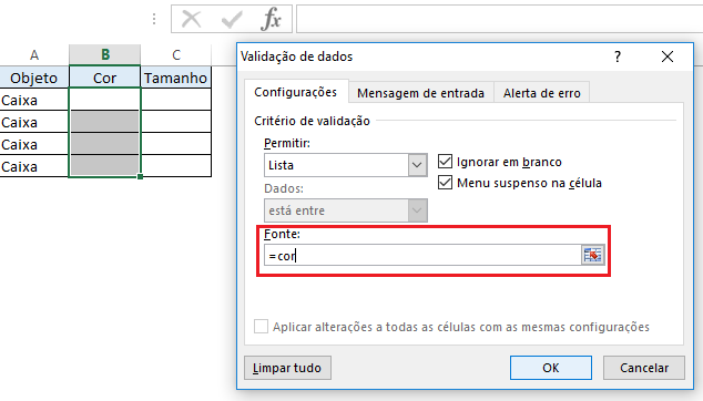 Passo 4 - Como fazer uma lista suspensa no Excel