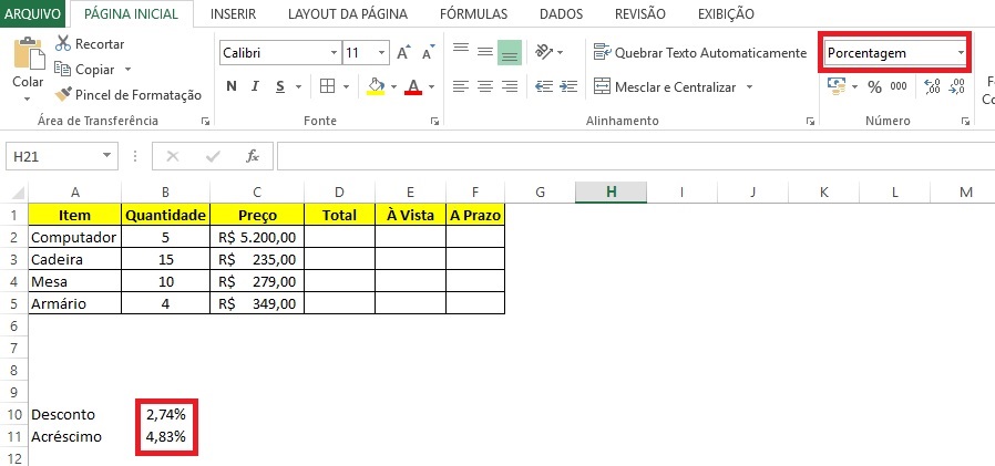 Calcular porcentagem no Excel - Passo 1
